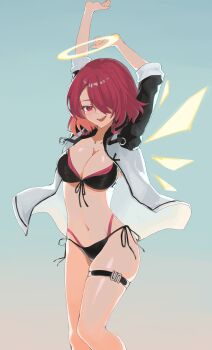 1girl absurdres alternate_breast_size_(larger) arknights arms_up bikini black_bikini breasts commentary_request detached_wings energy_wings exusiai_(arknights) front-tie_bikini_top front-tie_top gradient_background hair_over_one_eye halo highres jacket large_breasts lilyofhobby looking_at_viewer navel open_clothes open_jacket open_mouth red_eyes red_hair short_hair side-tie_bikini_bottom solo swimsuit thigh_strap wings yellow_halo yellow_wings