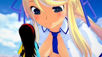 3d alternativegoldeneye black_hair blonde_hair blue_eyes breasts giant giantess highres katsuragi_(senran_kagura) large_breasts long_hair necktie senran_kagura shirt size_difference