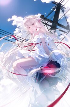 1girl absurdres aka_kan android bare_shoulders barefoot blonde_hair blurry chii chobits cloud day depth_of_field dress expressionless highres long_hair looking_at_viewer off-shoulder_dress off_shoulder outdoors persocom_(chobits) power_lines red_ribbon ribbon robot_ears sitting sky solo traffic_light utility_pole very_long_hair white_dress