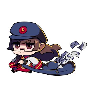 1girl absurdres artist_self-insert bag blunt_bangs brown_eyes brown_hair chibi chibi_only floating_hair flying_paper frown glasses graveweaver graveweaver_(character) hands_on_own_chest hat highres letter mailman narrowed_eyes original paper running serious shoulder_bag sidelocks solo