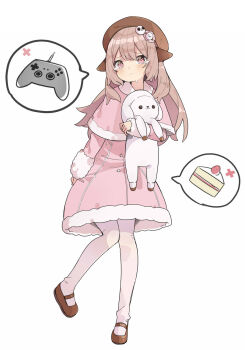 Rule 34 | 1girl, :|, animal ears, blush, brown hair, brown hat, brown shoes, capelet, closed mouth, commentary request, commission, double-parted bangs, dress, full body, fur-trimmed capelet, fur-trimmed dress, fur trim, hair between eyes, hair ornament, hat, highres, holding, holding stuffed toy, long hair, long sleeves, looking at viewer, original, pa. (tatuya28001), pantyhose, pink capelet, pink dress, pink eyes, sheep ears, sheep girl, shoes, sidelocks, simple background, skeb commission, solo, speech bubble, spoken food, spoken object, standing, standing on one leg, stuffed animal, stuffed sheep, stuffed toy, sweat, tearing up, white background, white pantyhose