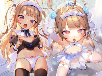 1girl absurdres angry apron arms_up black_thighhighs blush bow bow_panties breasts bridal_veil bride brown_hair dress earrings elbow_gloves gloves henreader highres jewelry lifting_own_clothes loli long_hair looking_at_viewer maid maid_apron multiple_views nipples non-web_source open_mouth orange_eyes original panties pussy_juice pussy_juice_puddle ring see-through_clothes see-through_dress single_earring small_breasts squatting sweat thighhighs two_side_up unconventional_maid underboob underwear veil white_dress white_panties white_thighhighs