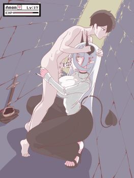 age_difference alley aludoru animated animated_gif bar_censor black_nails censored clothed_female_nude_male cum cum_in_mouth cumdrip demon_girl demon_horns demon_tail fellatio femdom gameplay_mechanics hand_on_another's_head high_heel_sandals high_heels horns hug_and_suck level_drain lipstick lipstick_mark makeup nude onee-shota oral sandals shota skirt squatting sweater sword tail tiptoes toes unworn_clothes weapon white_hair white_sweater