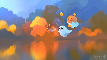 Rule 34 | 2others, apofiss, artist name, autumn, autumn leaves, blue sky, blush, blush stickers, bubble, commentary, english commentary, floating, ghost, leaf, multiple others, no humans, original, pumpkin, pumpkin head, sheet ghost, sky, smile