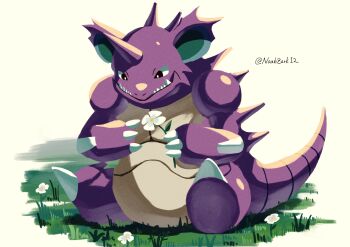 absurdres claws fangs flower full_body gen_1_pokemon grass highres holding holding_flower horns nidoking nintendo noahzark1212 pokemon pokemon_(creature) pokemon_focus sharp_teeth single_horn sitting solo tail teeth
