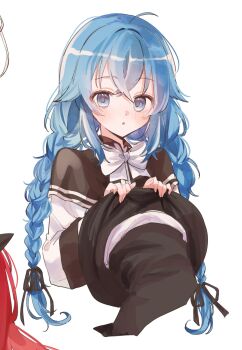 ahoge black_bow blue_eyes blue_hair bow braid hair_between_eyes hat highres holding holding_unworn_clothes holding_unworn_hat looking_at_viewer mushoku_tensei open_mouth spica59 twin_braids unworn_hat unworn_headwear white_bow witch_hat