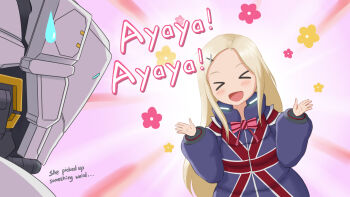 Rule 34 | > <, 1boy, 1girl, :d, ayaya~, blonde hair, blue coat, blush, bow, bowtie, coat, commentary request, diana (pragmata), english text, facing another, hair ornament, hands up, helmet, highres, hugh williams, intelman, kin-iro mosaic, long sleeves, looking at viewer, open mouth, padded coat, pink bow, pink bowtie, pragmata, puffy long sleeves, puffy sleeves, smile, space helmet, sweatdrop, upper body, voice actor connection, x hair ornament