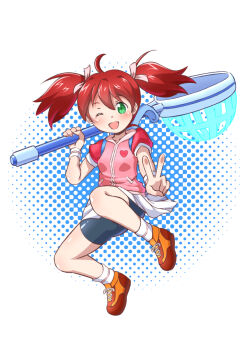 1girl bike_shorts bike_shorts_under_skirt brown_hair gloves green_eyes happy highres jumping legs looking_at_viewer net one_eye_closed open_mouth saru_getchu sayaka_(saru_getchu) skirt smile solo sony thighs tongue twintails v wink