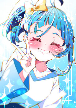 Rule 34 | 1girl, absurdres, artist name, blue eyes, blue hair, blue shirt, blue theme, blush, bow, casual, commentary, cut bangs, facing viewer, grin, hair bow, highres, hirogaru sky! precure, light particles, long sleeves, medium hair, pixiv logo, pixiv username, potacure, precure, shirt, side ponytail, signature, single sidelock, smile, solo, sora harewataru, sparkle, t-shirt, twitter username, twitter x logo, two-tone shirt, v, white shirt, yellow bow
