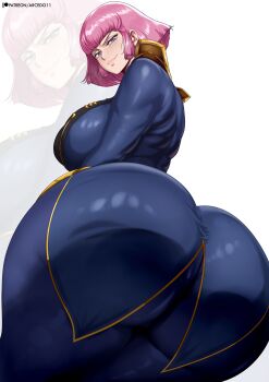 1girl absurdres arcedo ass ass_focus blue_eyes breasts curvy female_focus from_below gundam gundam_zz haman_karn highres huge_ass huge_breasts looking_at_viewer pink_hair short_hair solo thigh_strap wide_hips