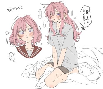 2girls amaori_haruna amaori_renako bed_sheet between_legs blush dayama flustered hand_between_legs highres long_hair medium_hair multiple_girls open_mouth pink_hair ponytail purple_eyes sailor_collar shirt shorts siblings simple_background sisters sitting sweat translation_request wariza watashi_ga_koibito_ni_nareru_wake_naijan_murimuri! white_background white_shirt