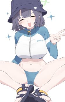 Rule 34 | 1girl, :d, ^ ^, absurdres, bikini, bikini bottom only, black hat, blue archive, blue bikini, blush, breasts, bucket hat, butterfly sitting, closed eyes, commentary, cropped rash guard, green halo, halo, hand up, hat, highres, jacket, large breasts, long sleeves, multicolored jacket, navel, official alternate costume, open mouth, purple hair, raglan sleeves, ramuri, rash guard, saki (blue archive), saki (swimsuit) (blue archive), sandals, short hair, simple background, sitting, smile, solo, star (symbol), stomach, swimsuit, toes, two-tone jacket, untranslatable commentary, v, v-shaped eyebrows, white background