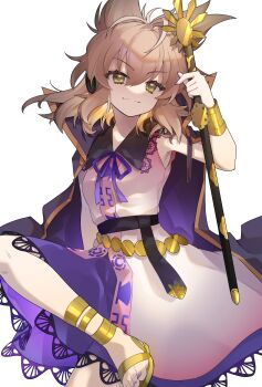 1girl absurdres akibotann blonde_hair bracelet cape closed_mouth commentary_request earmuffs highres holding holding_sword holding_weapon jewelry long_hair looking_at_viewer pointy_hair purple_cape purple_skirt ritual_baton sheath sheathed shirt simple_background skirt sleeveless sleeveless_shirt smile solo sword touhou toyosatomimi_no_miko weapon white_background yellow_eyes