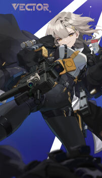 1girl 1other absurdres aiming aiming_at_viewer black_coat black_gloves black_pants blue_background character_name chinese_commentary coat commentary commentary_request english_text escape_from_tarkov firing floating_hair girls'_frontline girls'_frontline_2:_exilium glock gloves grey_hair gun hair_ornament hairpin handgun haohaomaster highres holding holding_gun holding_key holding_weapon key keycard kriss_vector laser looking_at_viewer multiple_hairpins open_clothes open_coat orange_eyes pants parted_lips pov pov_hands shell_casing short_hair smile submachine_gun vector_(girls'_frontline) vector_(girls'_frontline_2) vest weapon white_vest x_hair_ornament