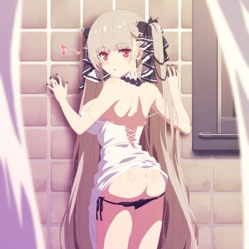 1girl arbiter1 ass azur_lane bare_shoulders bilingual_commentary black_bow black_nails black_panties black_ribbon bow breasts butt_crack commentary earrings english_commentary formidable_(azur_lane) from_behind grey_hair hair_ribbon highres jewelry large_breasts long_hair looking_at_viewer looking_back making-of_available mixed-language_commentary musical_note nail_polish panties red_eyes ribbon side-tie_panties solo spoken_musical_note two-tone_ribbon underwear very_long_hair white_ribbon