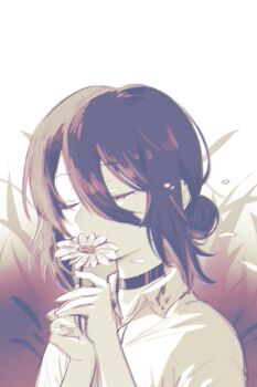 1girl chainsaw_man choker closed_eyes collared_shirt flower greyscale hair_between_eyes hair_bun hair_flower hair_ornament highres monochrome nyaivie reze_(chainsaw_man) shirt solo tearing_up