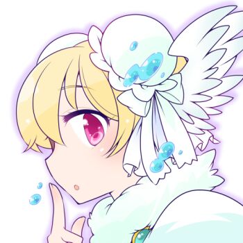 Rule 34 | 1girl, :o, blonde hair, blush, bun cover, commentary request, double bun, feathered wings, fur collar, hair bun, head wings, index finger raised, looking at viewer, lowres, oekakipikki, official alternate costume, open mouth, pink eyes, portrait, ragnarok online, short hair, simple background, solo, sorcerer (ragnarok online), white background, white wings, wings
