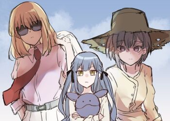 Rule 34 | 3girls, bang dream!, bang dream! it's mygo!!!!!, blonde hair, blue hair, blue sky, hat, misumi uika, multiple girls, purple hair, setou (bpdne), sky, sun hat, sunglasses, takamatsu tomori, togawa sakiko, voice actor connection