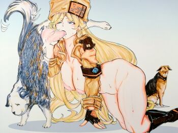 1girl bad_id bad_pixiv_id bestiality blonde_hair breasts dog fellatio fingerless_gloves gloves guilty_gear huge_breasts long_hair mechamecha_dan millia_rage nipples oral very_long_hair white_background