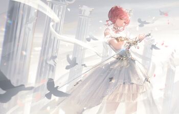 absurdres bird broken_pillar chinese_commentary closed_mouth commentary_request dress earrings feet_out_of_frame hair_bun highres holding holding_sword holding_weapon infinity_nikki jewelry looking_at_viewer nikki_(nikki) nikki_(series) pillar pink_eyes pink_hair reverse_grip shawl sidelocks strapless strapless_dress sword tiara weapon white_dress white_shawl white_theme xiaoji_chuangzao