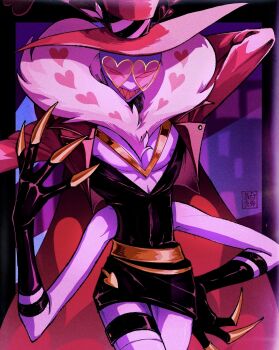 1boy areola_slip black_dress coat colored_skin commentary_request demon_boy dress fur-trimmed_coat fur_trim hat hazbin_hotel heart heart-shaped_eyewear hellaverse highres kurotake_ihi long_coat looking_at_viewer pink_coat purple_skin red_eyes sharp_teeth solo teeth valentino_(hazbin_hotel)