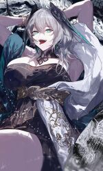 Rule 34 | 1girl, ambience synesthesia, arknights, arms behind head, black dress, black feathers, bracelet, breasts, commentary, dress, earrings, feathers, green eyes, green feathers, grey hair, head wings, highres, ho&#039;olheyak (arknights), ho&#039;olheyak (carriage of the winds of time) (arknights), jewelry, large breasts, medium hair, off-shoulder dress, off shoulder, official alternate costume, tongue, tongue out, wings, yuki flourish