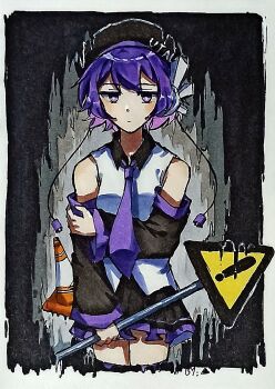 Rule 34 | bare shoulders, beret, black hat, black skirt, closed mouth, commentary, cowboy shot, detached sleeves, hat, highres, holding road sign, long sleeves, looking at viewer, miniskirt, necktie, purple eyes, purple hair, purple necktie, rendong (hpcm27149), road sign, shirt, short hair, sign, skirt, sleeveless, sleeveless shirt, standing, straight-on, traditional media, traffic cone, utane uta, utau, warning sign