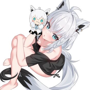 1girl absurdres ahoge animal_ear_fluff animal_ears barefoot black_shirt blush braid breasts downblouse earrings feet fox_ears fox_girl fox_tail from_above hair_between_eyes hand_puppet highres hololive jewelry kumarang long_hair looking_at_viewer open_mouth pentagram puppet shirakami_fubuki shirt sidelocks simple_background single_braid small_breasts solo tail toes virtual_youtuber white_background white_hair