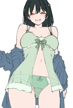 1girl babydoll black_hair blue_cardigan bow bow_babydoll bow_panties breasts cameltoe cardigan cardigan_partially_removed cleavage collarbone commentary cowboy_shot fang green_babydoll green_bow green_panties highres liz_(piyoko_piyop) looking_at_viewer love_live! love_live!_nijigasaki_high_school_idol_club medium_breasts medium_hair mifune_shioriko navel orange_eyes panties simple_background solo standing underwear unfinished white_background
