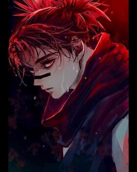 Rule 34 | 1boy, 28cg, black background, black eyes, black hair, black scarf, choso (jujutsu kaisen), facial tattoo, jujutsu kaisen, letterboxed, looking at viewer, male focus, parted lips, scarf, short hair, solo, tattoo, upper body, water drop, wet face