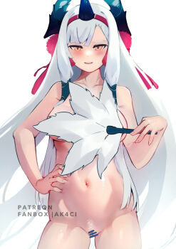 1girl bar_censor blush breasts censored collarbone colored_pubic_hair completely_nude fate/grand_order fate_(series) female_pubic_hair hair_tubes hand_on_own_hip highres holding horns kani_fish kiichi_hogen_(fate) large_breasts long_hair looking_at_viewer navel nude open_mouth orange_eyes pubic_hair pussy sidelocks simple_background smile solo tassel thighs very_long_hair white_background white_hair white_pubic_hair