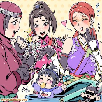 Rule 34 | 5girls, aged down, animal ears, baby, bandai namco, between breasts, black hair, blush, bodysuit, breasts, brown eyes, burn scar, character doll, chibi, chibi inset, commentary, company connection, crossover, doll, english commentary, facial mark, flag, fox ears, harada katsuhiro, high ponytail, hood, impossible bodysuit, impossible clothes, japanese clothes, kimono, kunimitsu (tekken), kunimitsu ii, large breasts, lipstick, low twintails, makeup, mature female, mole, mole under mouth, mother and daughter, multiple crossover, multiple girls, namco, natsu (soulcalibur), ninja, orange hair, pacifier, photo (object), ponytail, profanity, purple kimono, real life, richard suwono, scar, scar on face, sleeveless, sleeveless kimono, soul calibur, soulcalibur, soulcalibur iv, soulcalibur v, strap between breasts, taki (soulcalibur), tekken, tekken 2, tekken 7, topknot, trait connection, tsukikage, tsukikage (virtua fighter), twintails, virtua fighter, whisker markings, yoshimitsu (namco)