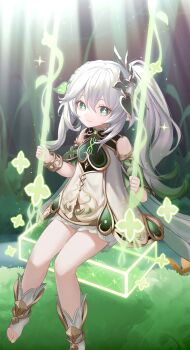 1girl absurdres bare_shoulders bloomers closed_mouth commentary cross-shaped_pupils day detached_sleeves dress genshin_impact gold_trim gradient_hair green_eyes green_hair green_sleeves hair_between_eyes hair_ornament highres leaf_hair_ornament long_hair looking_at_viewer multicolored_hair nahida_(genshin_impact) neulrain on_swing outdoors pointy_ears side_ponytail sitting sleeveless sleeveless_dress smile solo stirrup_legwear swing symbol-shaped_pupils toeless_legwear toes underwear white_bloomers white_dress white_hair