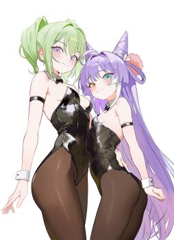 2girls ahoge aqua_eyes arm_strap bare_shoulders black_bow black_bowtie black_leotard blue_eyes blush bow bowtie breasts brown_eyes brown_pantyhose closed_mouth commentary_request cowboy_shot detached_collar green_hair hair_horns hair_ornament heterochromia highres korean_commentary leotard long_hair looking_at_viewer medium_breasts medium_hair multicolored_hair multiple_girls nbee_ya pantyhose playboy_bunny pom_pom_(clothes) pom_pom_hair_ornament purple_hair red_pupils sidelocks simple_background small_breasts standing stellive tenko_shibuki two-tone_hair virtual_youtuber white_background white_hair white_streaks white_wrist_cuffs wrist_cuffs yuzuha_riko