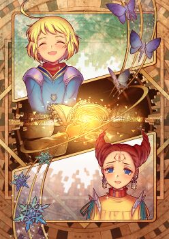 2boys ahoge anniversary blonde_hair blue_eyes blush brown_hair closed_eyes collar copyright_name crying crying_with_eyes_open drill_hair earrings facial_mark fairy final_fantasy final_fantasy_tactics_advance forehead_mark glowing haruhito_(pixiv56745) highres jewelry male_focus marche_radiuju mewt_randell multiple_boys necklace short_hair shoulder_spikes snowflakes spikes tears upper_body watermark