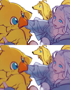 1girl afghan_hound alpha_(ff14) animal argos_(ff14) blue_eyes blurry blurry_background blurry_foreground capelet chocobo depth_of_field dog final_fantasy final_fantasy_xiv from_above grey_capelet grey_hair heart heart-shaped_pupils highres holding holding_animal jealous mask mask_around_neck open_mouth outstretched_arms pydiyudie sequential sideways_glance simple_background sketch smile sophist's_robe_(ff14) symbol-shaped_pupils unworn_mask upper_body venat_(ff14) white_background