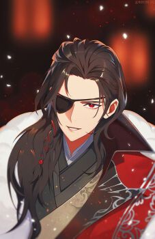 1boy 8083_blue black_hair blurry blurry_background braid chinese_clothes commentary_request eyepatch hanfu highres hua_cheng long_hair looking_at_viewer male_focus parted_lips red_eyes solo tianguan_cifu twitter_username upper_body