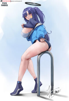 1girl absurdres ass black_buruma black_halo black_shoes blue_archive blue_background blue_bra blue_jacket blue_shirt blush bra breasts buruma gym_shirt gym_uniform halo highres jacket kuutamo large_breasts long_sleeves looking_at_viewer mechanical_halo official_alternate_costume parted_lips purple_eyes purple_hair shirt shoes signature simple_background sitting solo star_(symbol) star_sticker sticker sticker_on_face sweat thick_thighs thighs two_side_up underwear yuuka_(blue_archive) yuuka_(track)_(blue_archive)