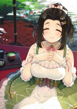 1girl ^_^ arm_garter black_hair blush breasts carp choker cleavage closed_eyes closed_mouth dango dot_nose dress ebihara_naho food frilled_choker frilled_dress frills green_dress green_tea hair_ornament hair_ribbon hairclip hands_on_own_chest highres idolmaster idolmaster_cinderella_girls idolmaster_cinderella_girls_starlight_stage large_breasts layered_sleeves long_hair looking_at_viewer oil-paper_umbrella pink_ribbon ponytail reflection ribbon sanshoku_dango scrunchie smile solo spoon tea toruneko tray umbrella wagashi water white_ribbon