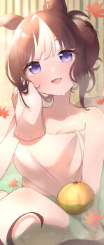 1girl absurdres autumn autumn_leaves blush breasts brown_hair cleavage commentary_request falling_leaves highres hokko_tarumae_(umamusume) holding holding_towel horse_girl kurumiya_(krmy_p) large_breasts leaf long_hair looking_at_viewer maple_leaf naked_towel onsen open_mouth purple_eyes smile solo towel umamusume white_hair white_streaks wiping_face