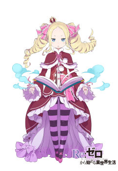 1girl absurdres beatrice_(re:zero) blonde_hair blue_eyes blush book butterfly-shaped_pupils capelet child colored_smoke commentary_request copyright_name crown dress drill_hair english_text frilled_dress frills full_body fur_trim hair_ribbon highres jitome long_dress long_hair long_sleeves looking_at_viewer mary_janes mini_crown official_art ootsuka_shin&#039;ichirou open_hands open_mouth pantyhose parted_bangs pink_pupils pink_ribbon pink_shoes re:zero_kara_hajimeru_isekai_seikatsu red_capelet red_dress ribbon shoes sidelocks simple_background smoke solo standing striped_clothes striped_pantyhose symbol-shaped_pupils tachi-e tilted_headwear title triangle_mouth twin_drills v-shaped_eyebrows white_background wide_sleeves