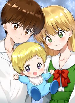 1girl 2boys bib blonde_hair blush bow brown_hair daa!_daa!_daa! full_body green_eyes kouzuki_miyu long_hair looking_at_viewer multiple_boys nishizawa purple_eyes ruu_(daa!_daa!_daa!) saionji_kanata shirt short_hair smile upper_body white_shirt