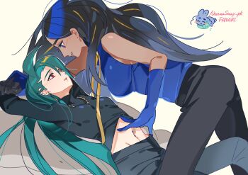 Rule 34 | 2girls, arms up, assertive female, black pants, blue gloves, commentary request, dark-skinned female, dark skin, geeta (pokemon), gloves, green hair, hand on another's stomach, highres, holding another's wrist, long hair, midriff, multiple girls, nanaasuzy, navel, navel piercing, nintendo, official alternate costume, pants, piercing, pinned, pokemon, pokemon masters ex, pokemon sv, rika (palentine's 2026) (pokemon), rika (pokemon), stomach, tank top, very long hair, yuri