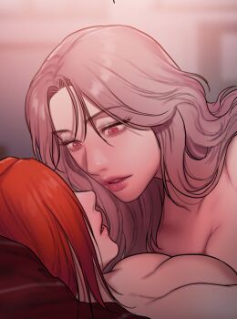 Rule 34 | 2girls, bad thinking diary, breasts, cho minjae, couple, girl on top, highres, imminent kiss, multiple girls, nude, oh hyera, parted lips, pink hair, rangrarii, red eyes, red hair, wavy hair, yuri