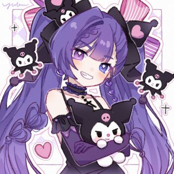 Rule 34 | 1girl, bare shoulders, black choker, black dress, blush, border, bow, character hair ornament, checkered background, choker, collarbone, commentary, dress, elbow gloves, frilled choker, frills, gloves, grin, hair bow, hair ornament, heterochromia, highres, holding, kuromi, long hair, looking at viewer, my melody (series), original, outside border, pink bow, pink eyes, purple background, purple eyes, purple gloves, purple hair, sanrio, signature, single hair intake, single sidelock, sleeveless, sleeveless dress, smile, striped bow, symbol-only commentary, twintails, upper body, white border, yukomeow