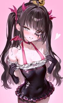 1girl :d absurdres arm_strap breasts brown_dust_(series) brown_dust_2 choker clothing_cutout collarbone demon_horns elbow_gloves eye_mask food-themed_hair_ornament fymrie gloves hair_ornament hair_tie halloween_costume highres horns mask navel_cutout open_mouth pink_background pulling_own_clothes pumpkin_hair_ornament simple_background small_breasts smile solo twintails