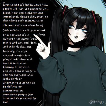 1girl alternate_hair_color black_choker black_lips black_nails blue_eyes blue_sweater breasts choker double-parted_bangs english_text fingernails goth_fashion hair_between_eyes hand_up hatsune_miku highres index_finger_raised lips lipstick long_hair long_sleeves looking_to_the_side makeup nail_polish parted_lips small_breasts solo speech_bubble sweater talking teyoid twintails upper_body vocaloid