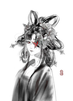 1girl absurdres bone_ash_painted_screen_(shining_nikki) bug butterfly butterfly_hair_ornament butterfly_in_eye camellia chinese_clothes chinese_hairpin closed_mouth collarbone expressionless eyelashes flower greyscale hair_bun hair_flower hair_ornament hair_rings hairpin hanfu highres insect lipstick long_sleeves looking_at_viewer makeup monochrome multiple_hairpins nikki_(series) parted_bangs realistic red_butterfly red_eyes sasora shining_nikki short_hair simple_background single_hair_bun solo spot_color updo upper_body white_background