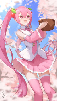 Rule 34 | 1girl, basket, boots, breasts, cherry blossoms, cherry hair ornament, collared shirt, commentary request, detached sleeves, food-themed hair ornament, foot out of frame, frilled shirt, frilled shirt collar, frills, hair between eyes, hair ornament, hatsune miku, highres, holding, holding basket, long hair, long sleeves, miniskirt, necktie, official alternate costume, open mouth, pink boots, pink eyes, pink hair, pink necktie, pink skirt, pink sleeves, pink trim, pleated skirt, sakura miku, shirt, skirt, sleeveless, sleeveless shirt, small breasts, smile, solo, soyose, stick, thigh boots, tie clip, twintails, very long hair, vocaloid, white shirt, white trim