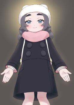 1girl absurdres ansha_(pokemon) black_coat blue_eyes blush closed_mouth coat commentary_request eyelashes hat highres long_hair long_sleeves nintendo pink_scarf pokemon pokemon_legends:_z-a scarf smile solo strap udan white_hat